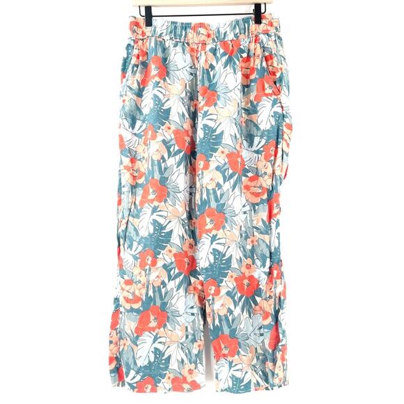 C&C California Pants - C&C CALIFORNIA Pants 100% Linen Large Floral Tropical Wide Leg Elastic Cropped